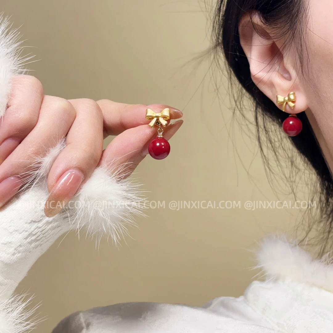 合金耳饰 【唯美花语】JXC金喜彩轻奢简约百搭红色蝴蝶结耳钉6193