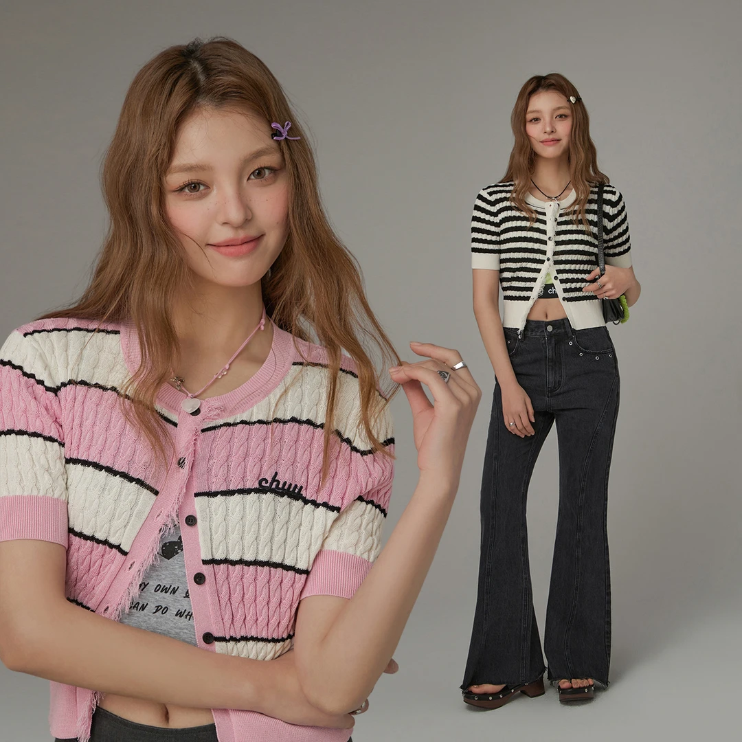 ND004【马琦尧专属】CHUU夏季女装条纹甜妹修身字母显瘦针织衫-Y