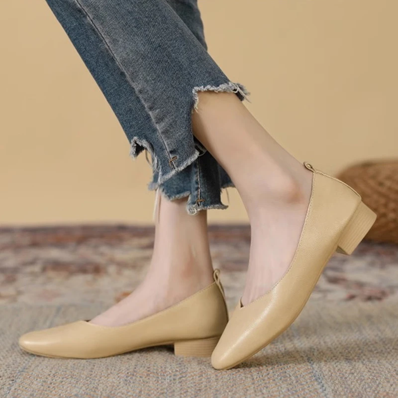 [2.5厘米]真皮单鞋女平底时尚百搭方头软底职业工作粗跟妈妈鞋