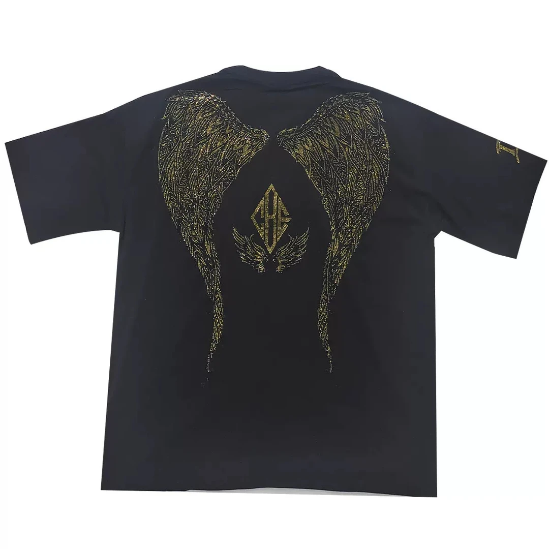 男装 -潮牌翅膀烫钻黑色短袖男女同款T21110C6231