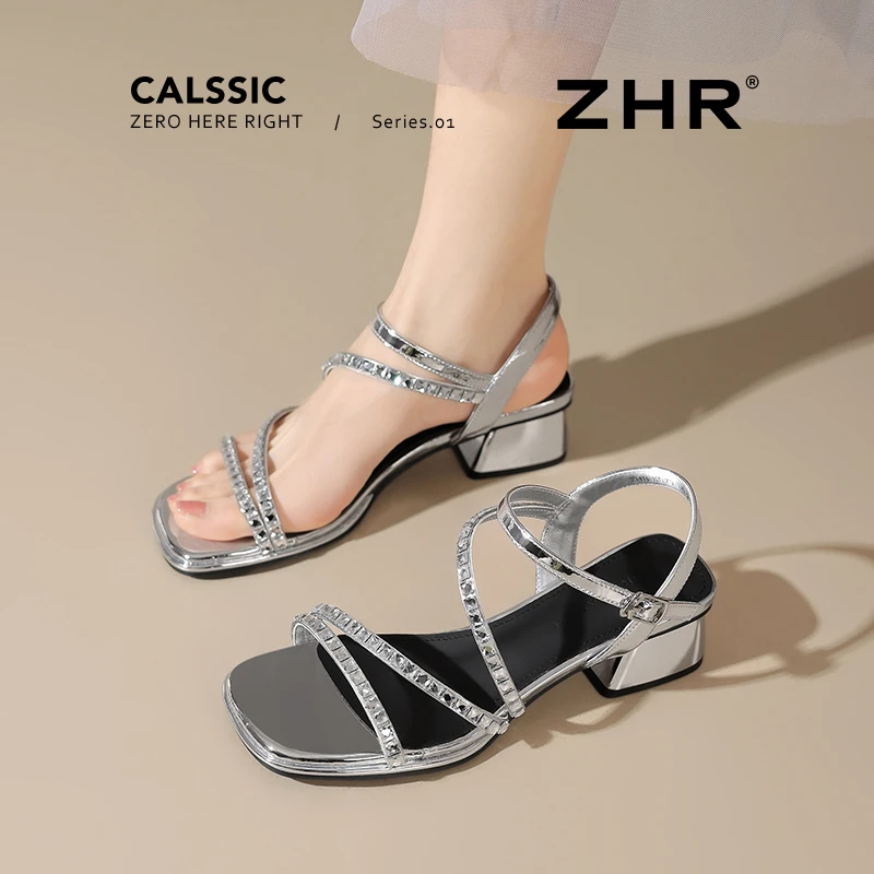 ZHR银色中跟凉鞋女款2025夏新款粗跟仙女风一字带水钻方头女鞋