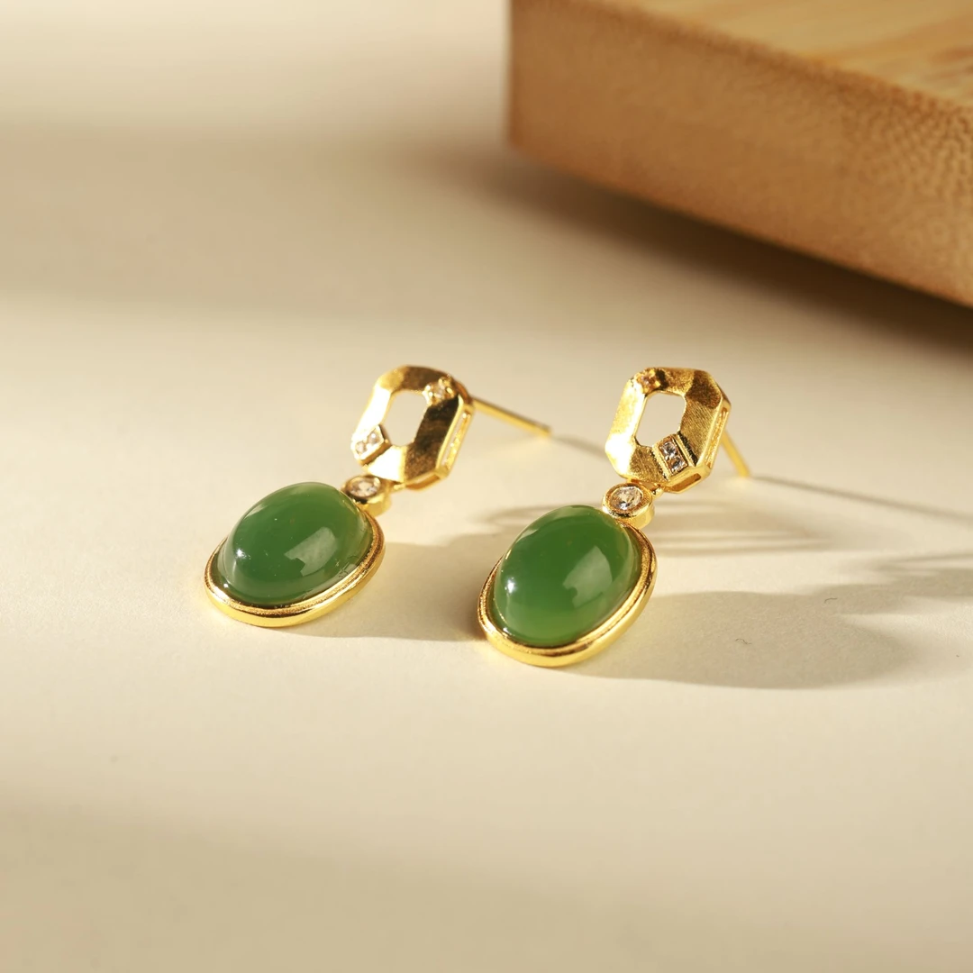 【中国黄金】S925银和田玉碧玉蛋面耳饰-R978-【北】