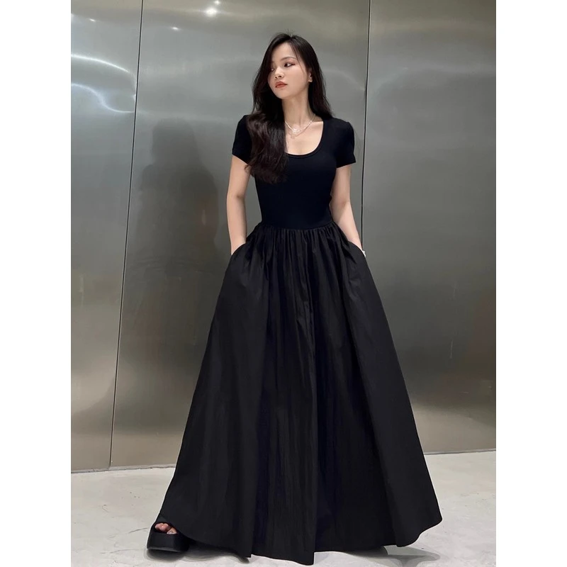 大码胖mm法式甜酷辣妹U领短袖连衣裙女夏季气质修身显瘦拖地长裙