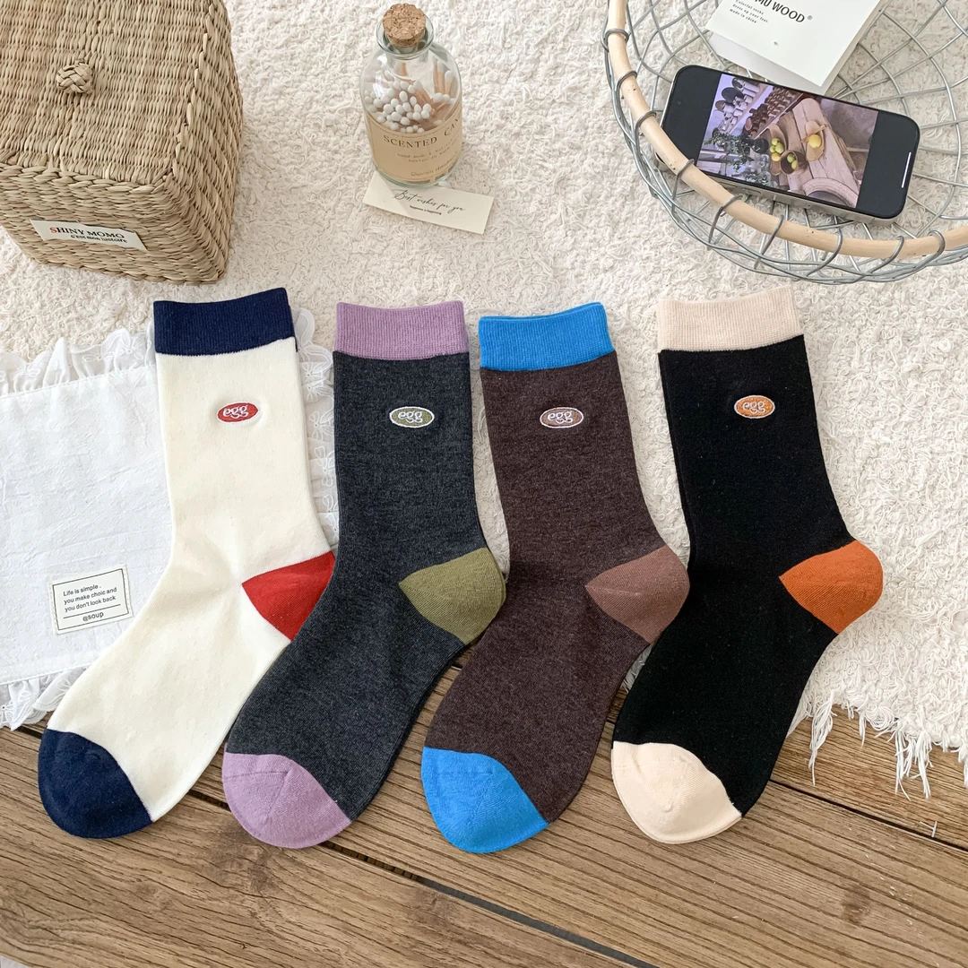 2025新款韩系百搭刺绣egg潮袜秋冬中筒袜无骨撞色羊毛超软堆堆袜