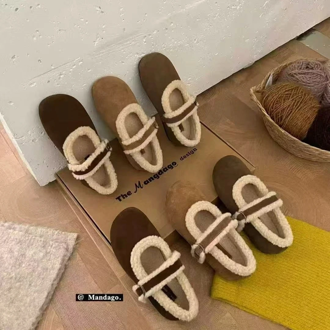 （25882）可爱圆头加绒羊羔毛玛丽珍女鞋