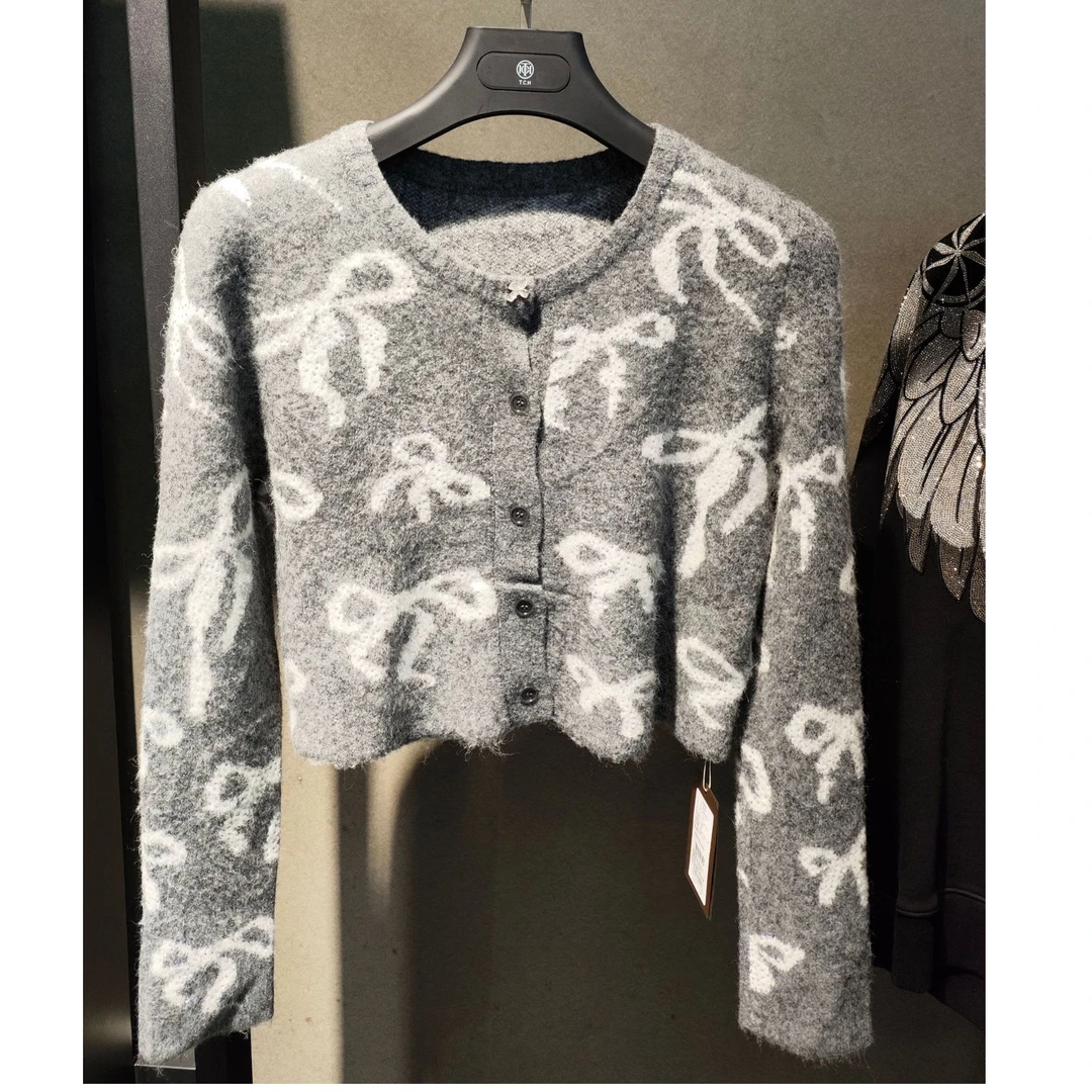 TCH轻奢时尚百搭蝴蝶结短款长袖针织开衫秋冬T75C43E9003私服tch