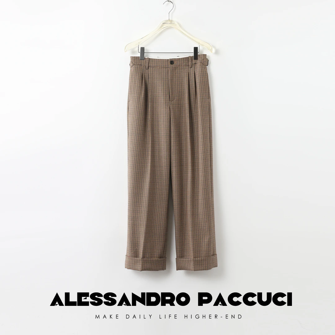 AP洛哥25843X定纺高密羊毛 英伦风千鸟格 翻边经典百搭休闲裤