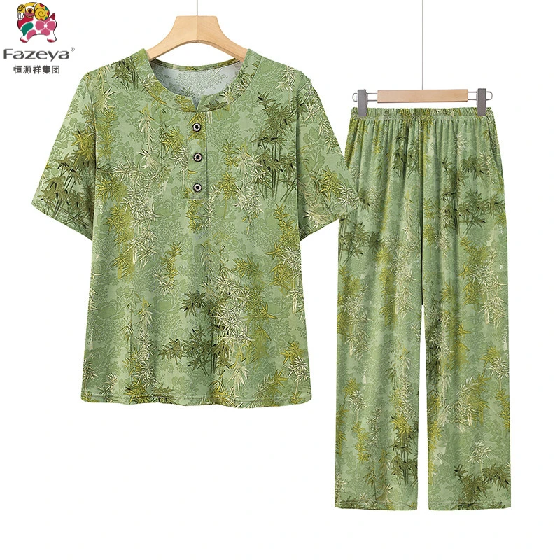 恒源祥彩羊中老年妈妈夏装雪纺套装奶奶夏季洋气碎花短袖上衣裤子