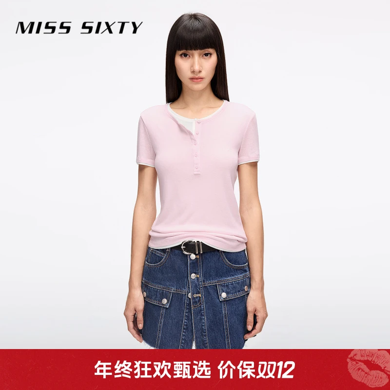 Miss Sixty2025夏季新款短袖T恤女羊毛修身假两件圆领亨利衫