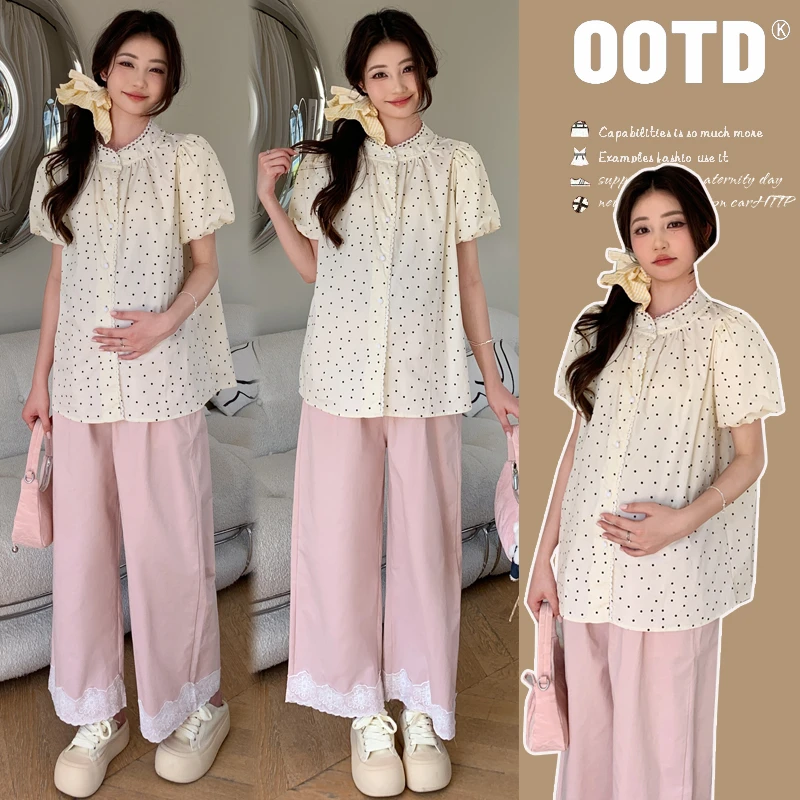 时髦孕妇装新款气质夏装蕾丝花边甜美减龄波点上衣时尚阔腿裤套装
