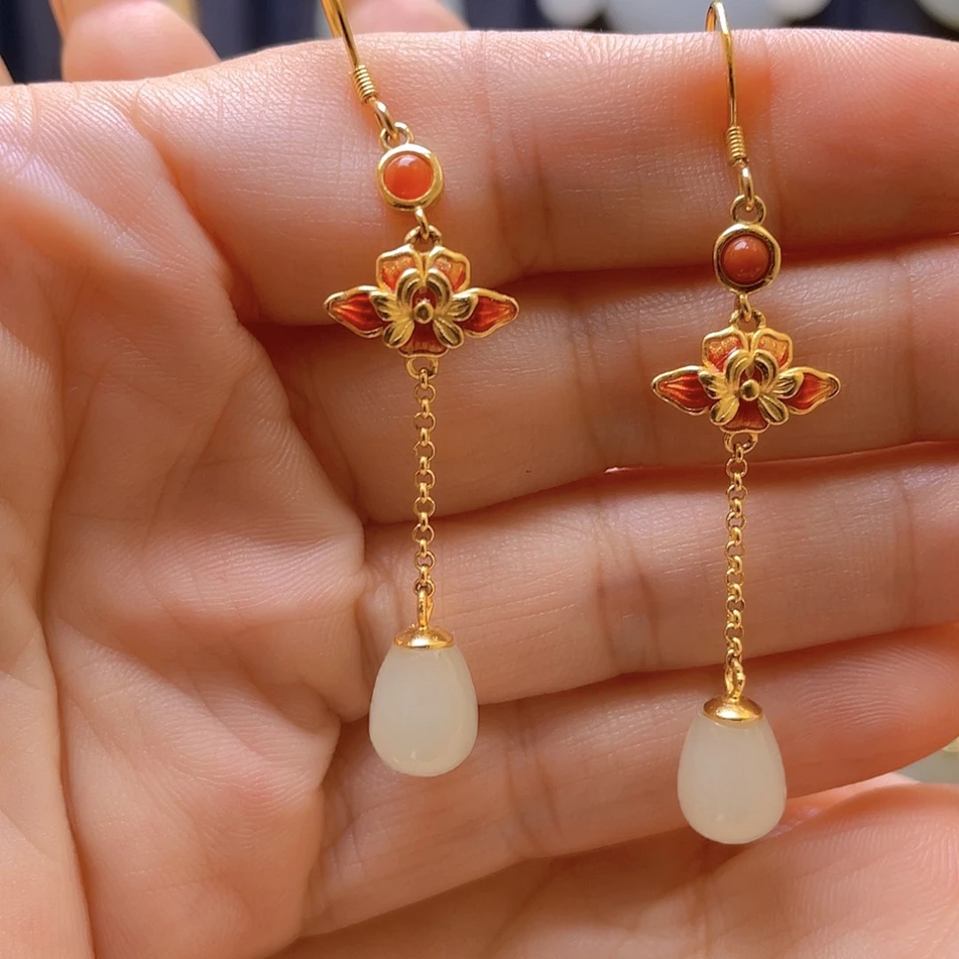 和田玉银S925镀金镶嵌耳饰