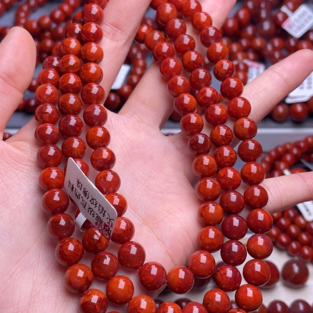 南红玛瑙未镶嵌其他8mm典藏级瓦西牛血红妖孽火焰纹佛珠