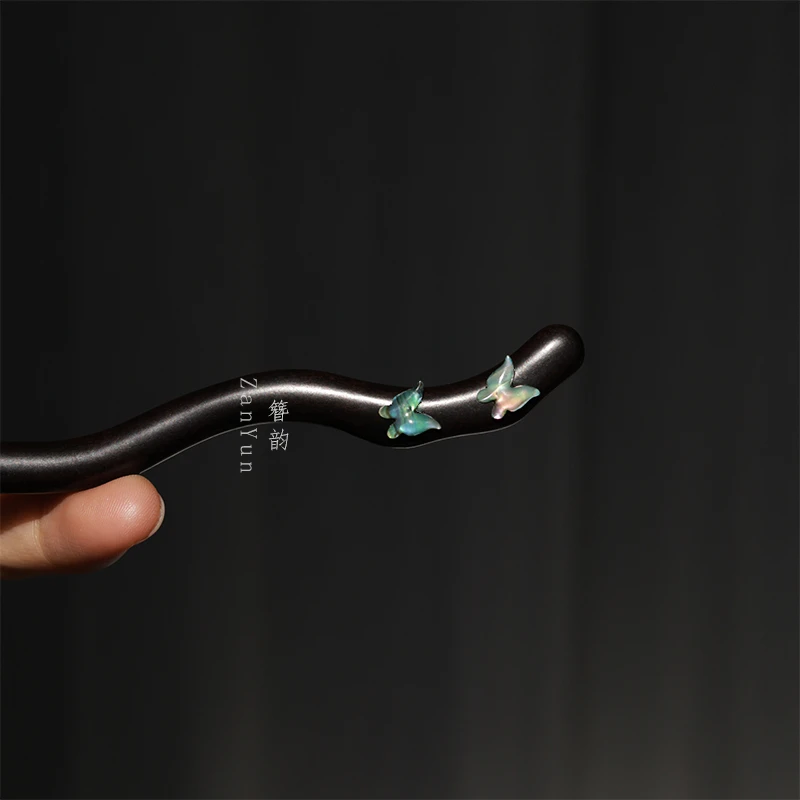 绝美新中式蝴蝶发簪女天然鲍鱼贝壳极简素雅日常通勤盘发簪子檀木