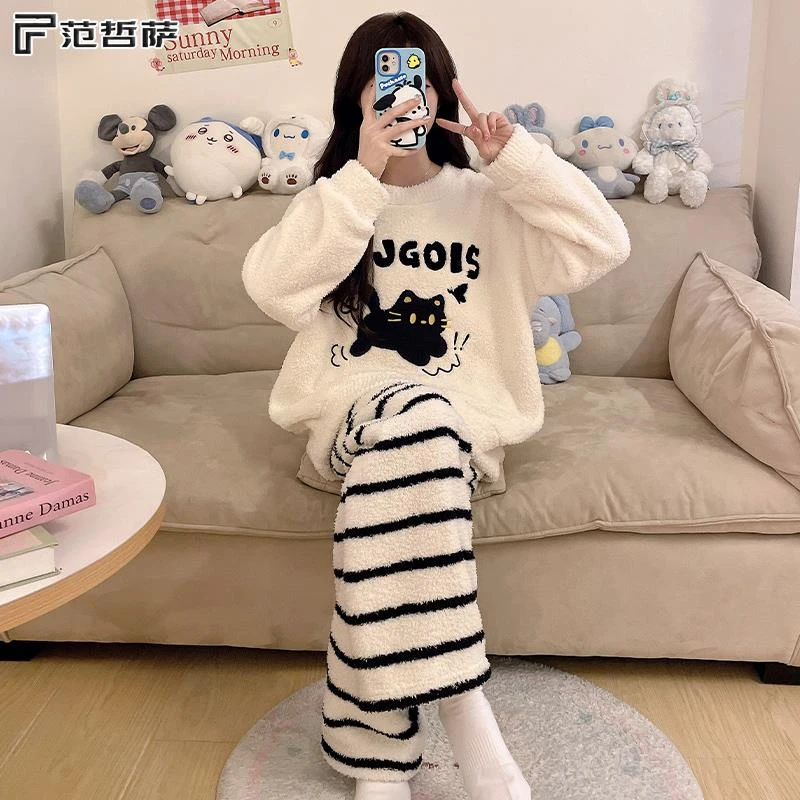 FANZHESA半边绒睡衣女款冬季加厚加绒珊瑚绒可爱小猫学生套装家居