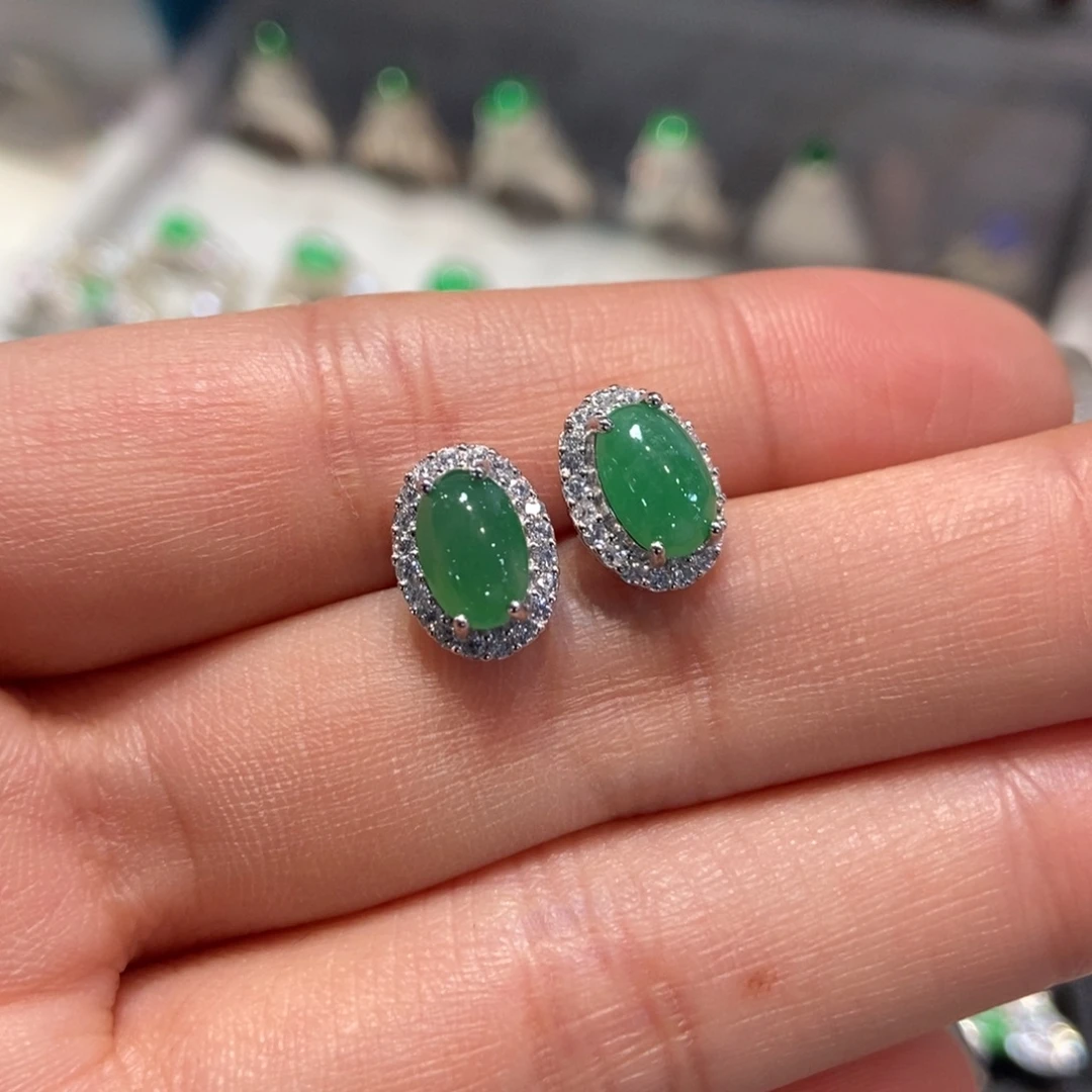 翡翠银S925镶嵌耳饰天然缅甸