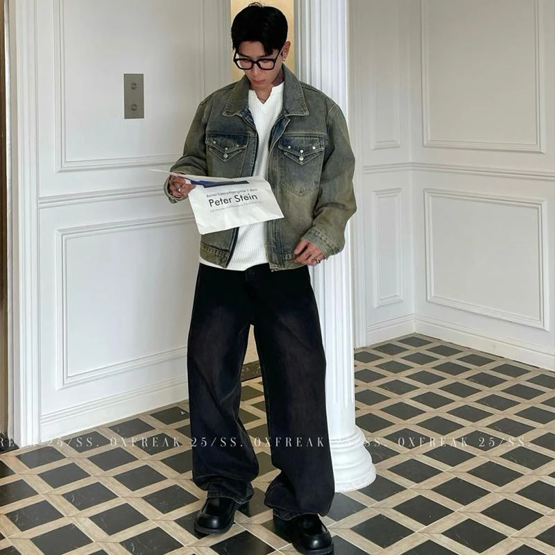 OXFREAK 「铆钉双层袋 13盎司」泥染牛仔夹克男短款宽松翻领外套