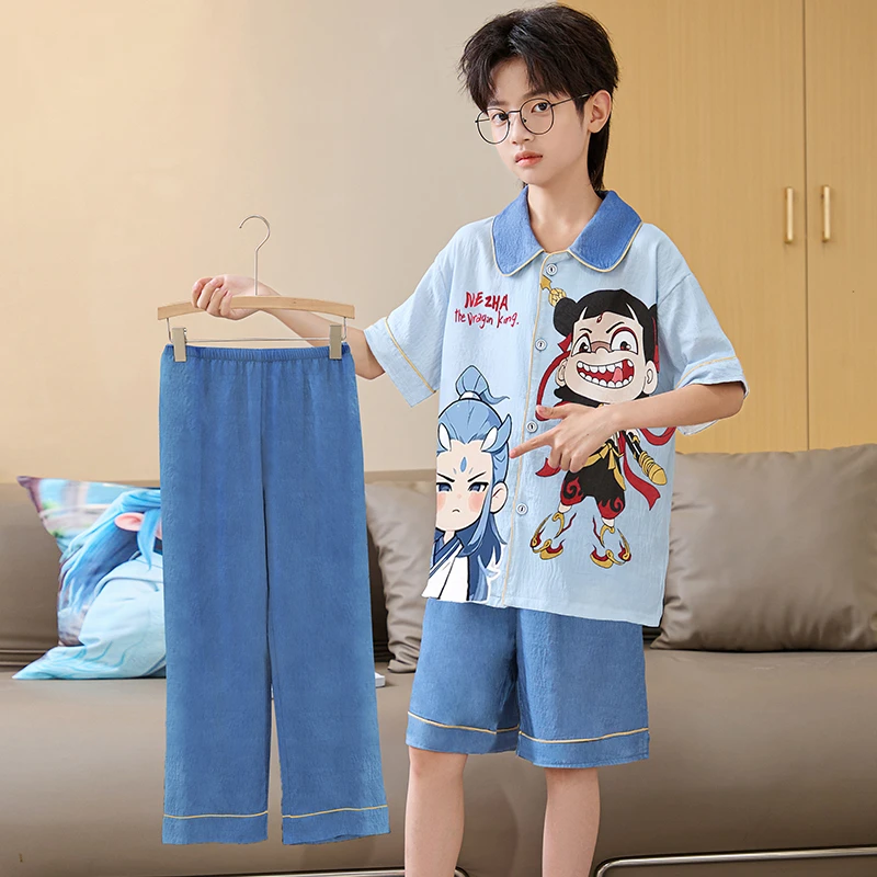 男童睡衣2025新款夏季薄款云朵棉三件套装儿童青少年男孩卡皮巴拉