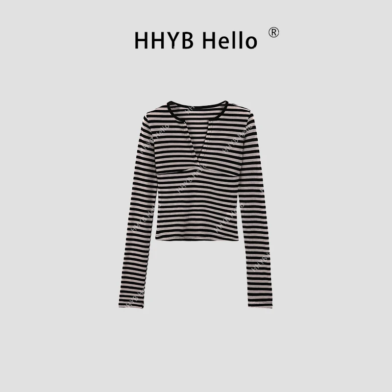 HHYB Hello美式撞色黑杏条纹长袖T恤2025新款性感V领打底衫250115