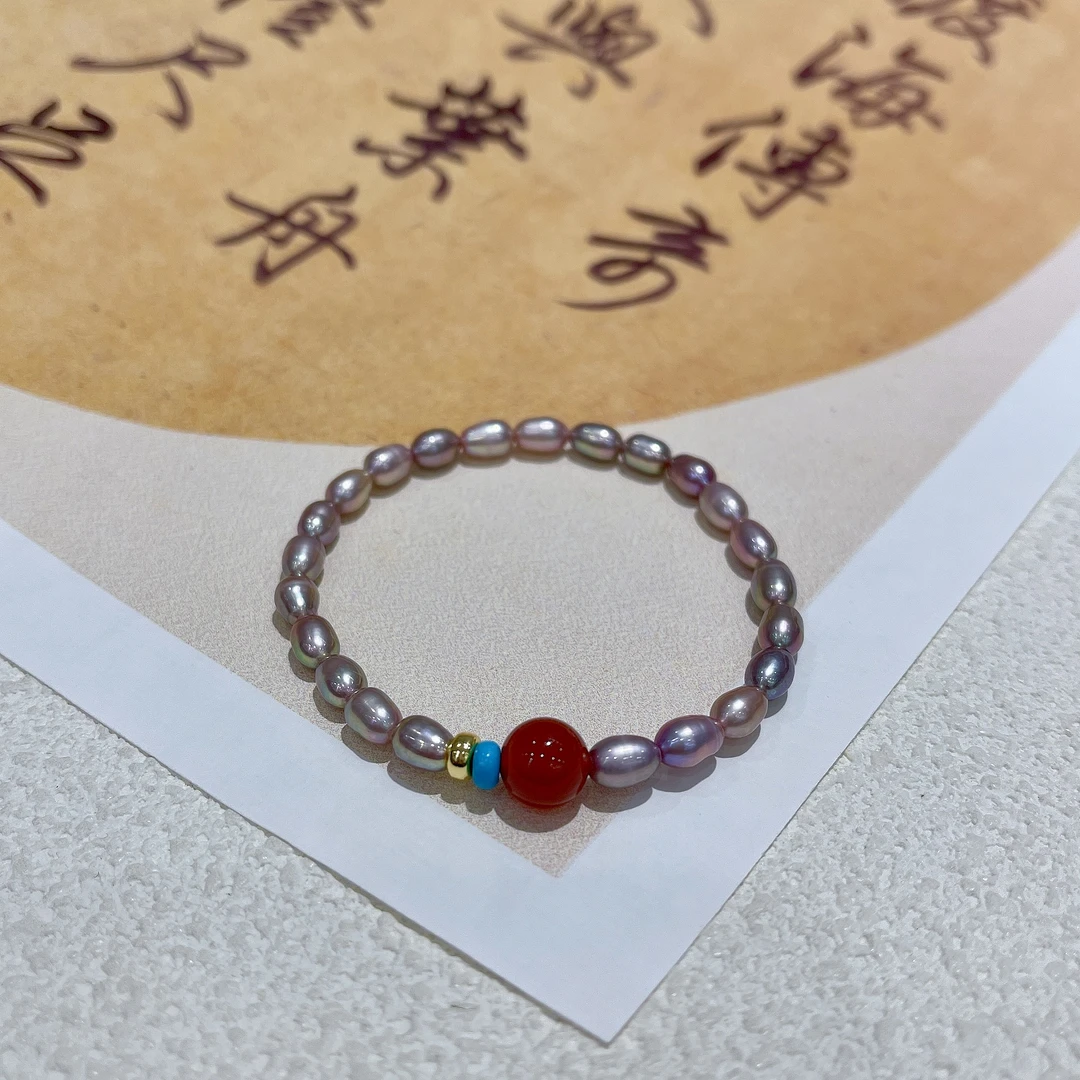 【LNDI】紫色米形玛瑙弹力手链4-5mm22072多样性发一非基地发不带证