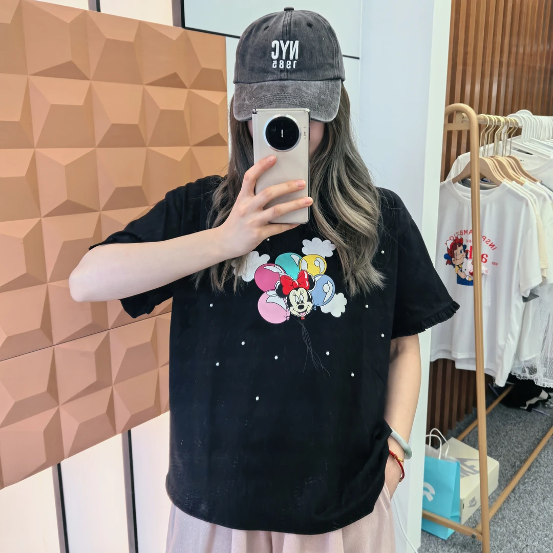 小个子 韩代25夏季 气球老鼠铆钉珍珠卡通花边短袖显瘦T恤