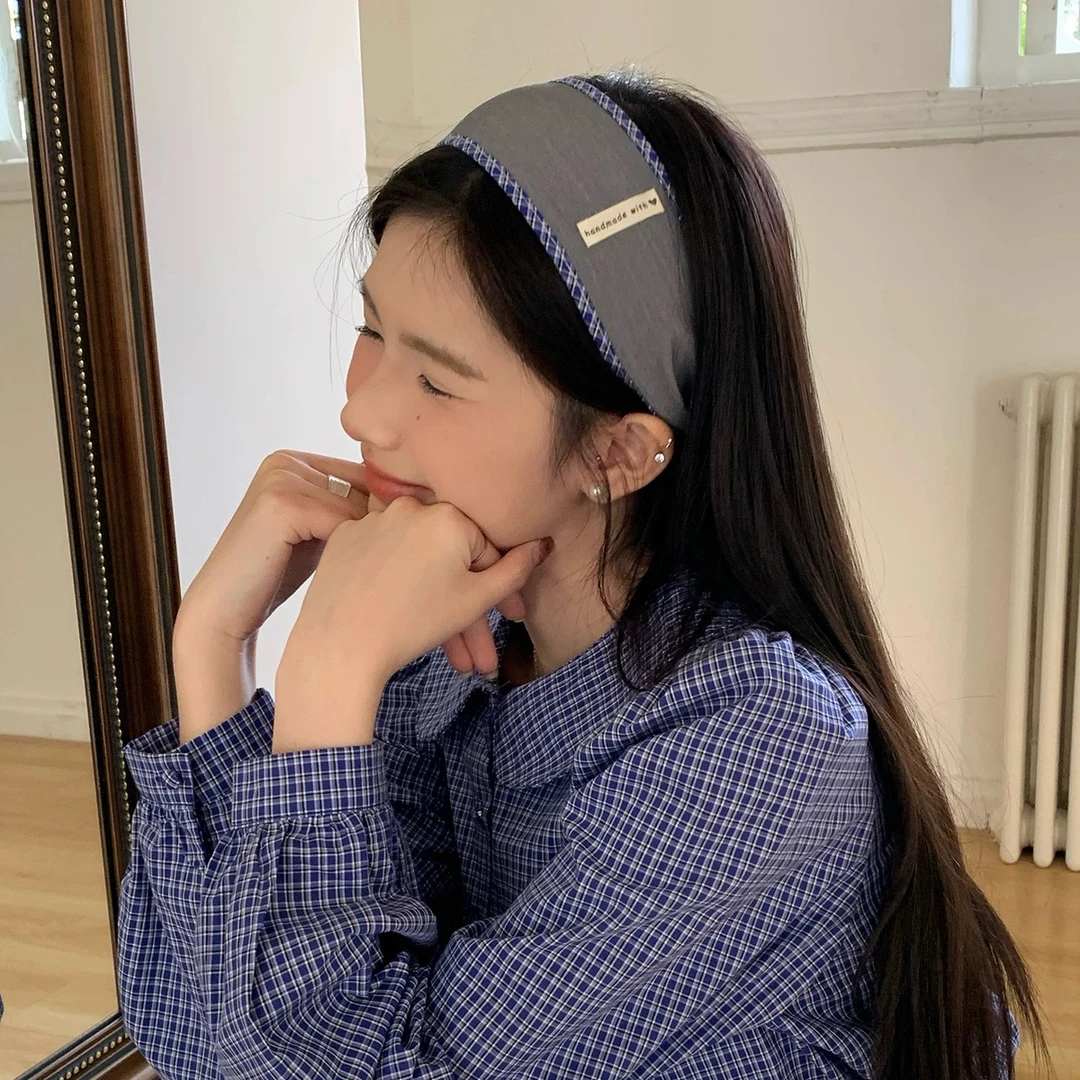 韩版格雷系蓝色格子灰色宽边发箍复古高颅顶带防滑齿发卡显脸小