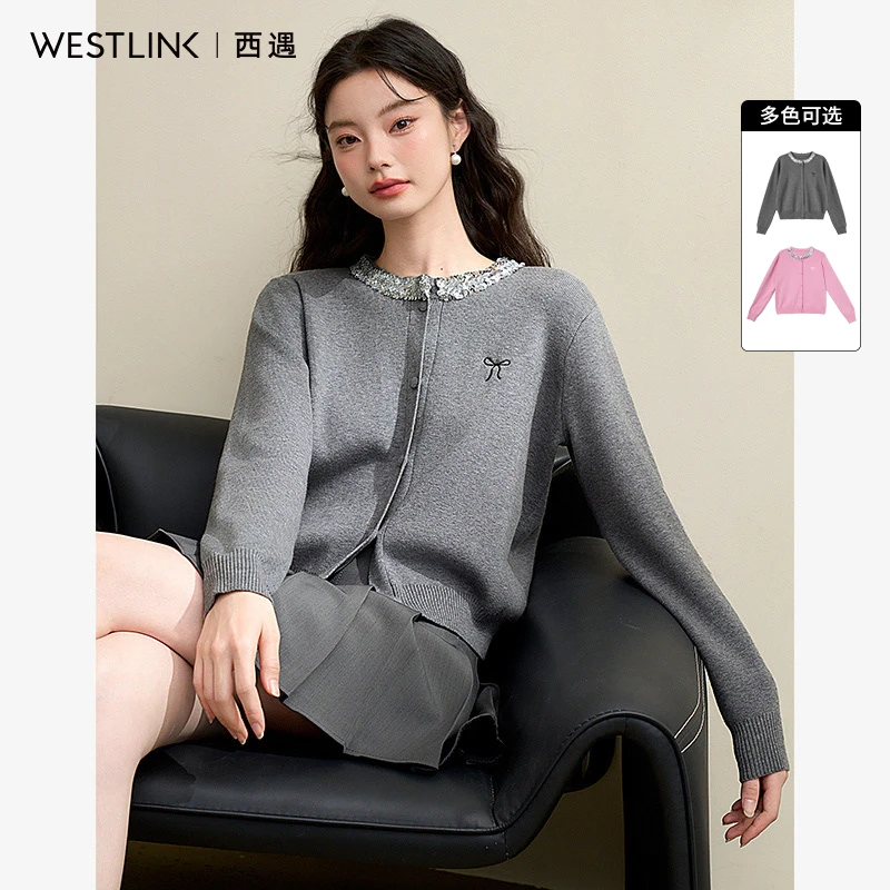 2609西遇毛圆领亮片蝴蝶刺绣针织衫女2024秋季气质高级感上衣