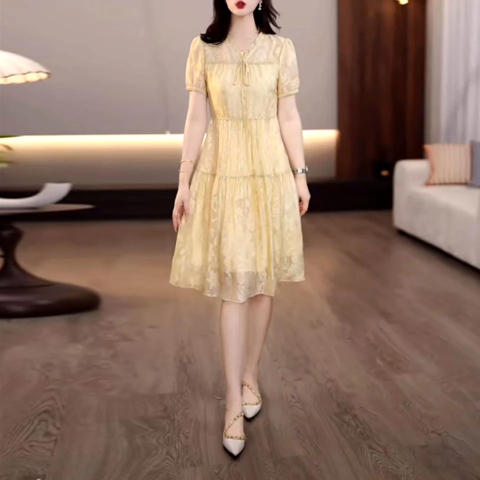 莱赛尔天丝时尚减龄礼服裙2025夏季新款修身遮肉洋气显瘦连衣裙女