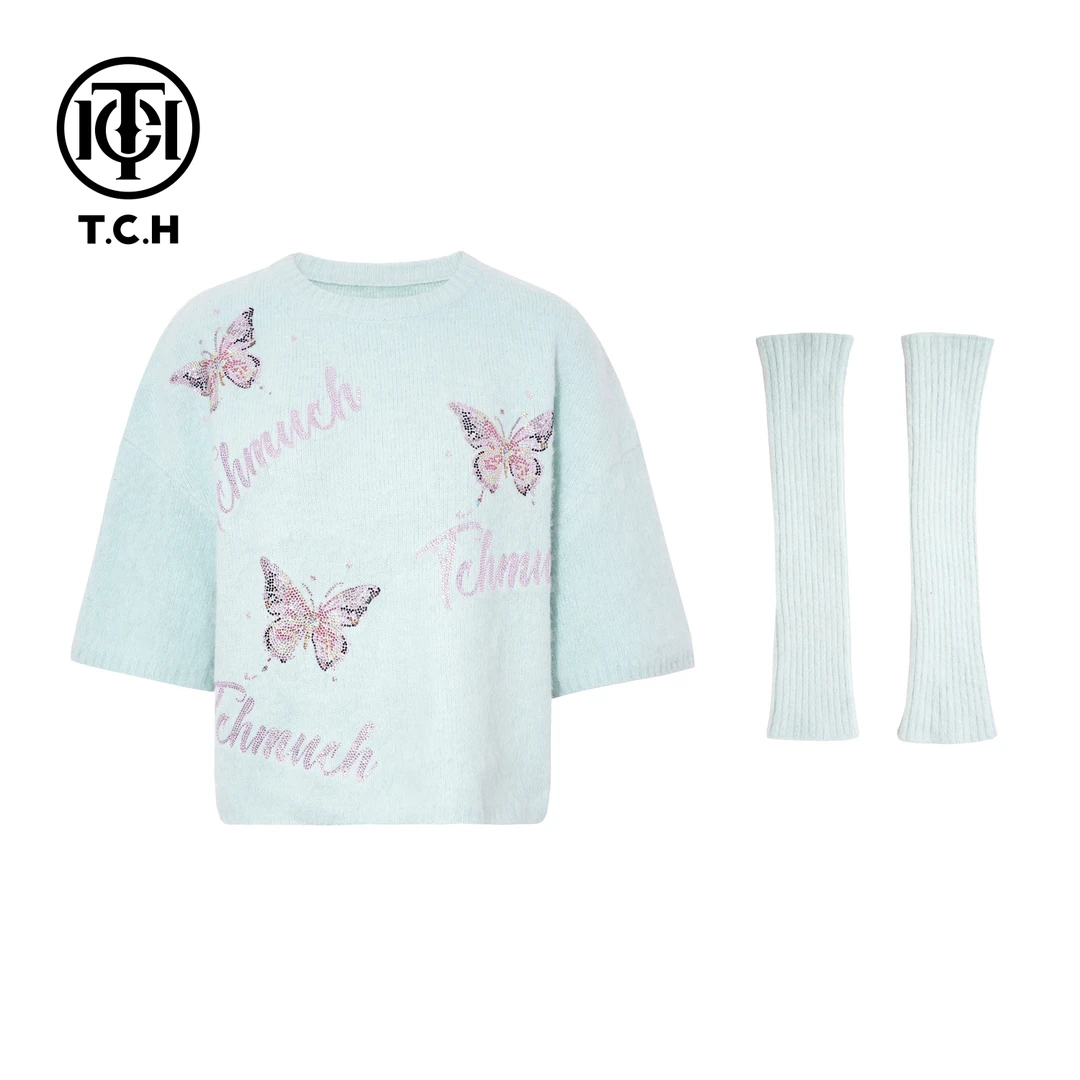 TCH【宽松舒适】冬款时尚烫钻蓝色休闲风女装针织衫T75D09E5063