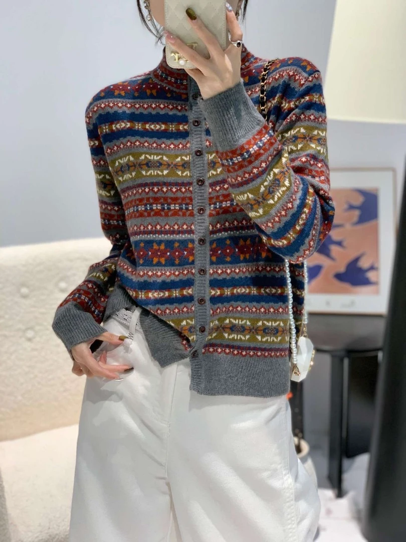 费尔岛复古提花开衫加厚秋冬新款毛衣2025针织气质洋气上衣