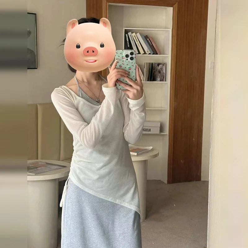 3147法式气质灰色挂脖吊带连衣裙子女2025新款纯欲风独特别致长裙