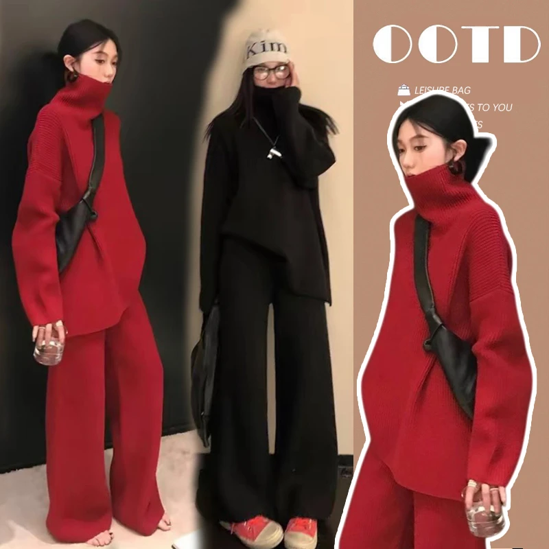 时髦孕妇装新款慵懒休闲韩版宽松春秋网红针织时尚红色长款两件套