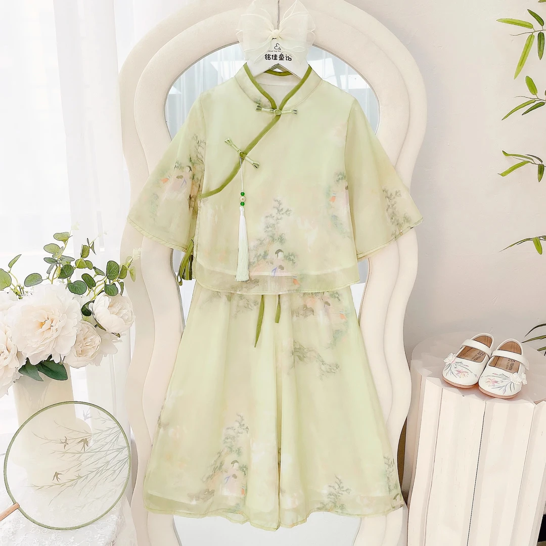 女童汉服套装2025夏季新款儿童新中式唐装国风小女孩阔腿裤两件套