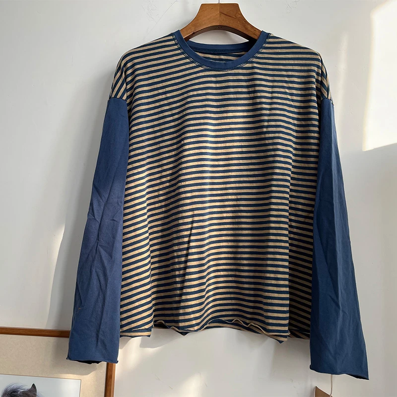 慢慢变蓝原创 荼 春新款 棉长袖T恤圆领落肩拼接内搭打底衫宽松