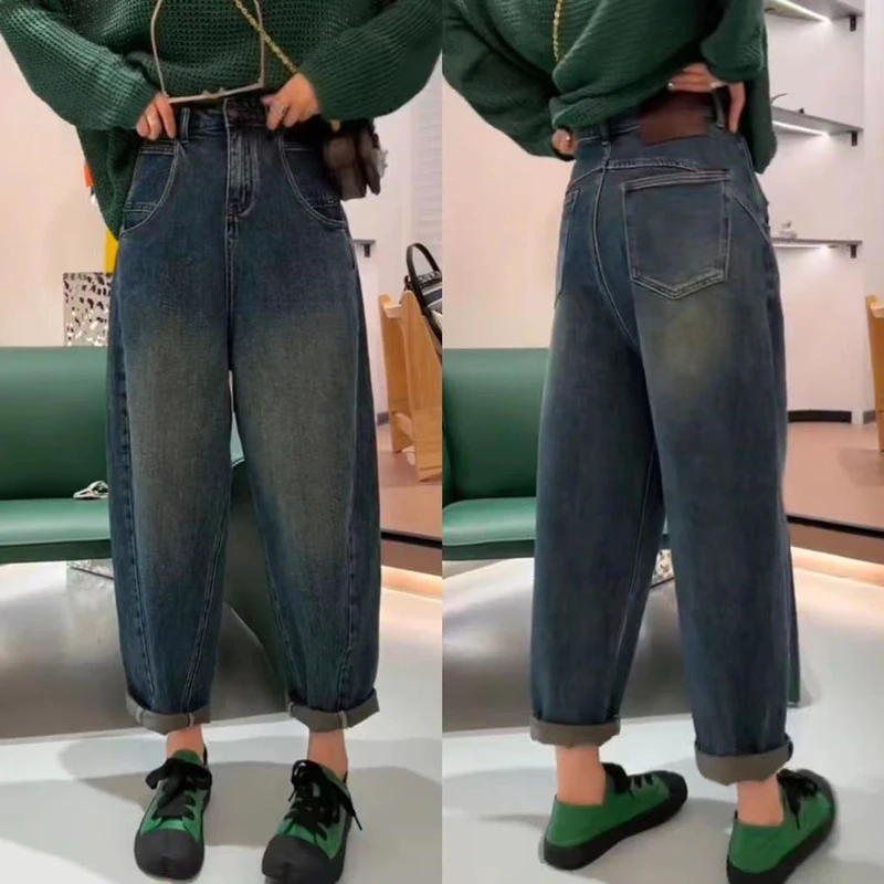 胖妹妹春季新款百搭高腰阔腿老爹裤2025年大码女装宽松哈伦牛仔裤