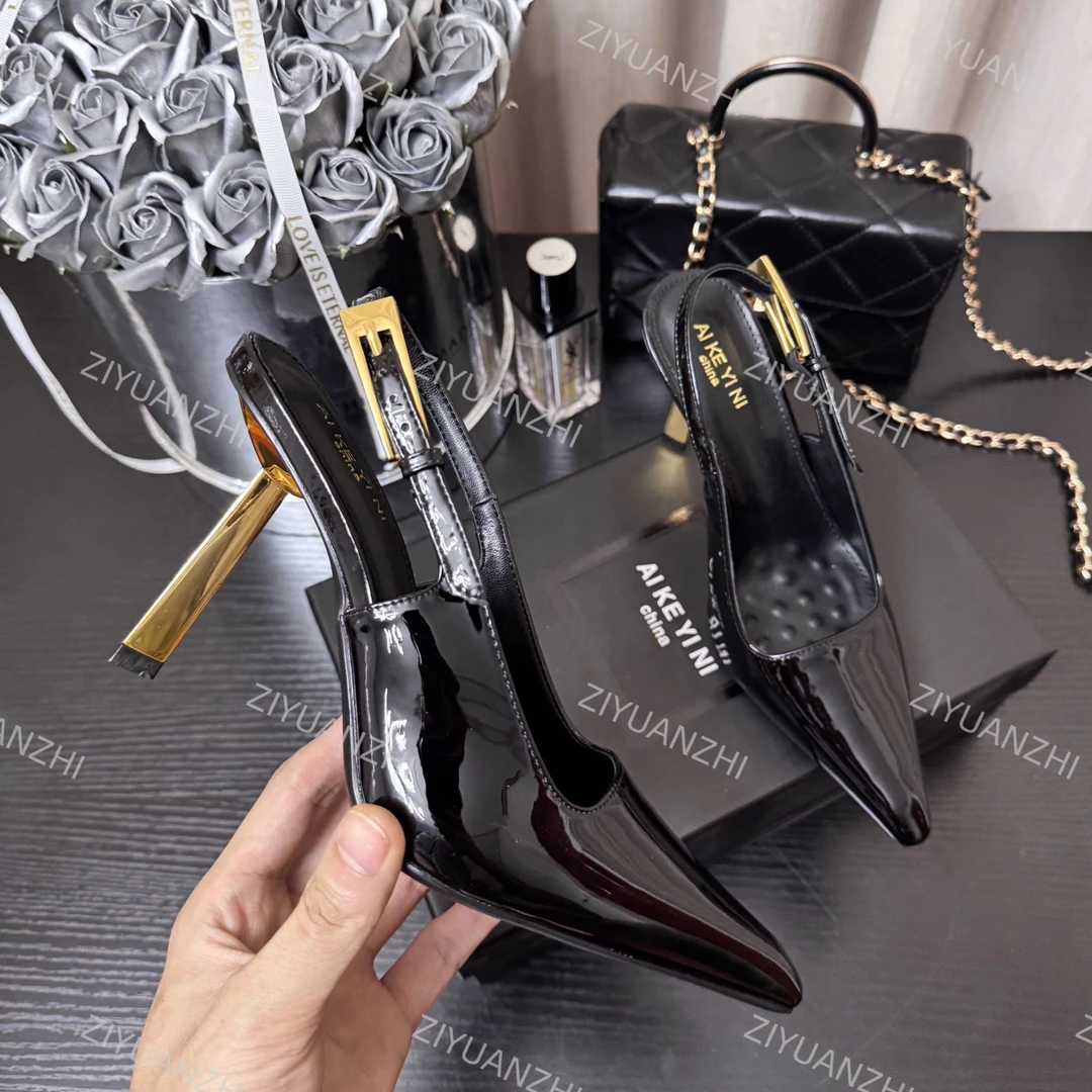 【柒七匠心】小金条高跟鞋女2024新款杨树林气质漆皮单鞋性感凉鞋