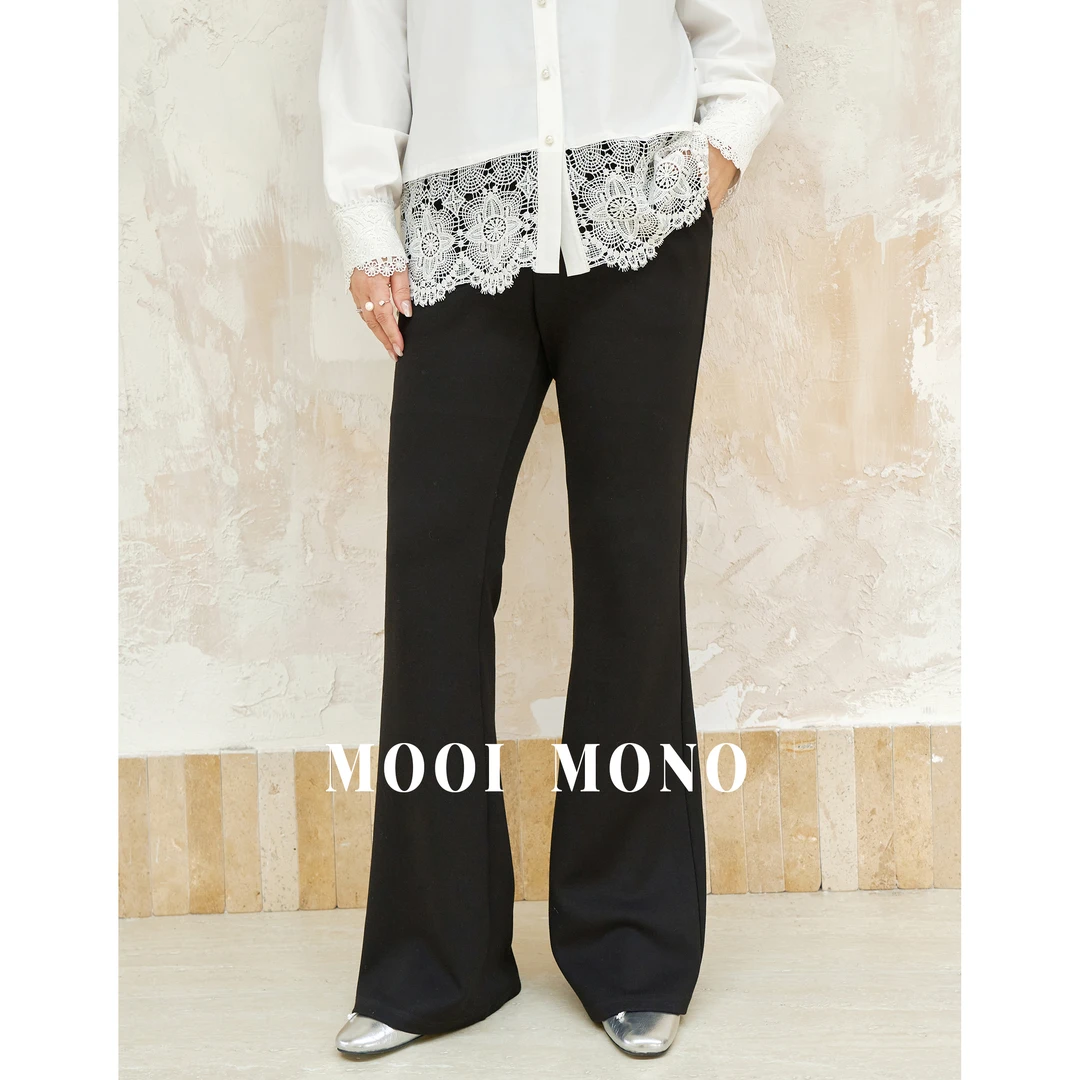 MOOI MONO"辰砂"显瘦时尚气质修身早春黑色休闲喇叭长裤 K087D51