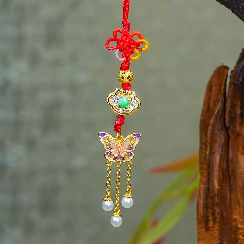 天然a货阳绿翡翠蛋面银镶嵌精美祥云蝴蝶流苏挂件