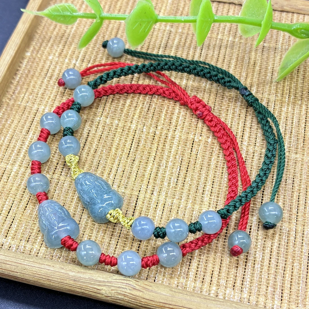 天然翡翠蓝冰种貔貅手链纯手工编织时尚百搭（绳子颜色可调换）