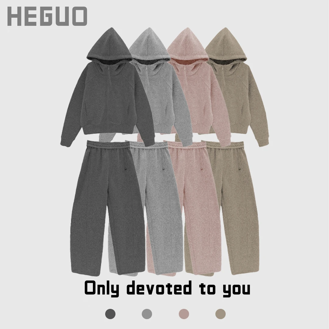 加绒加厚美利奴羊毛25新款穿搭外穿时尚气质休闲连帽套装女26377