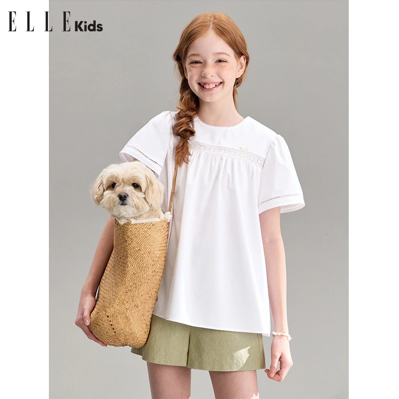 ELLE KIDS童装 法式度假风夏季飞袖拼接花边抽褶镂空绣花上衣A4