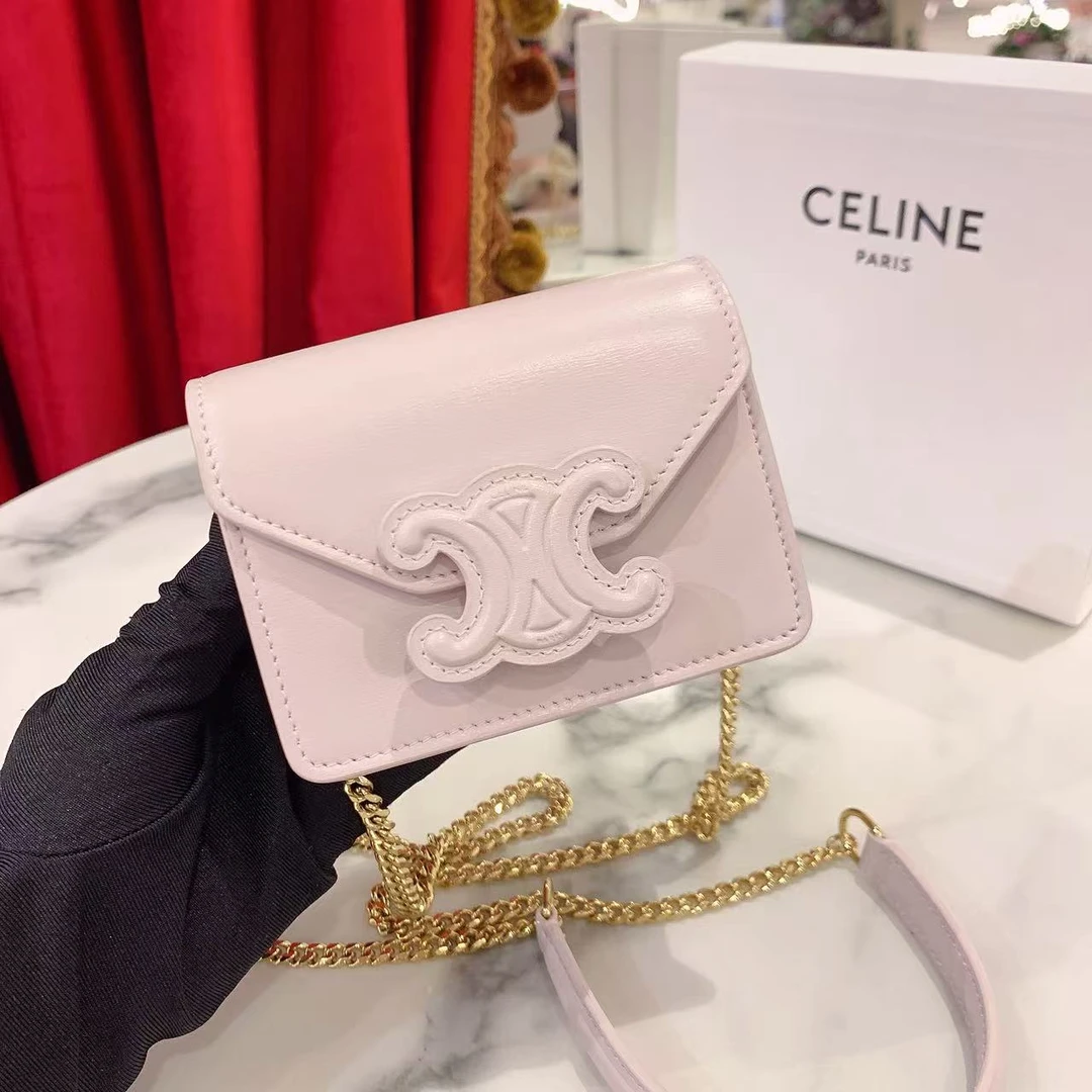 95新 Celine/思琳 瑟琳凯旋门耳机包mini粉色金扣牛皮/27947831