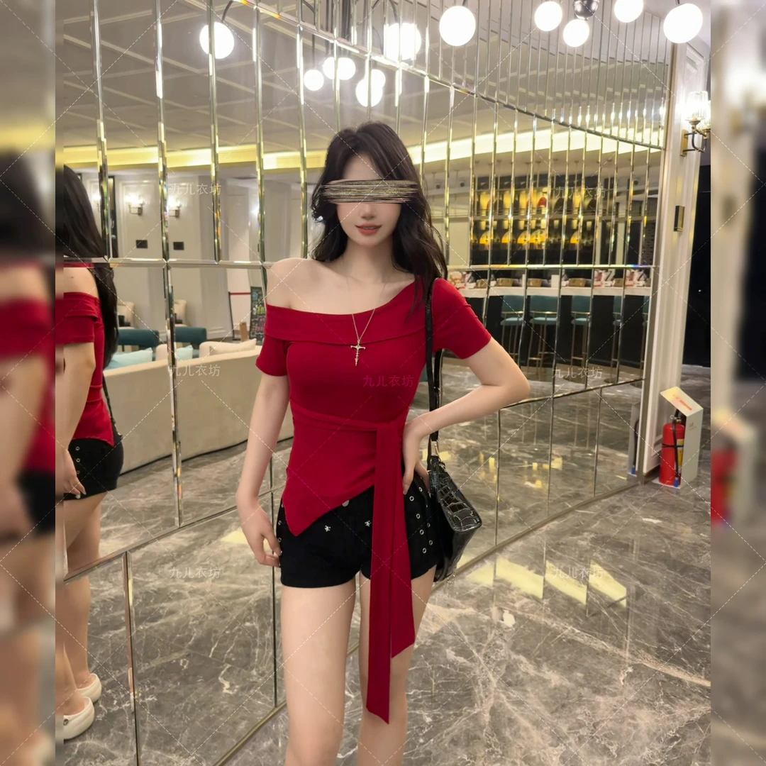 2025夏季新款女INS风纯欲风绑带短袖T恤设计感露显瘦修身斜肩上衣