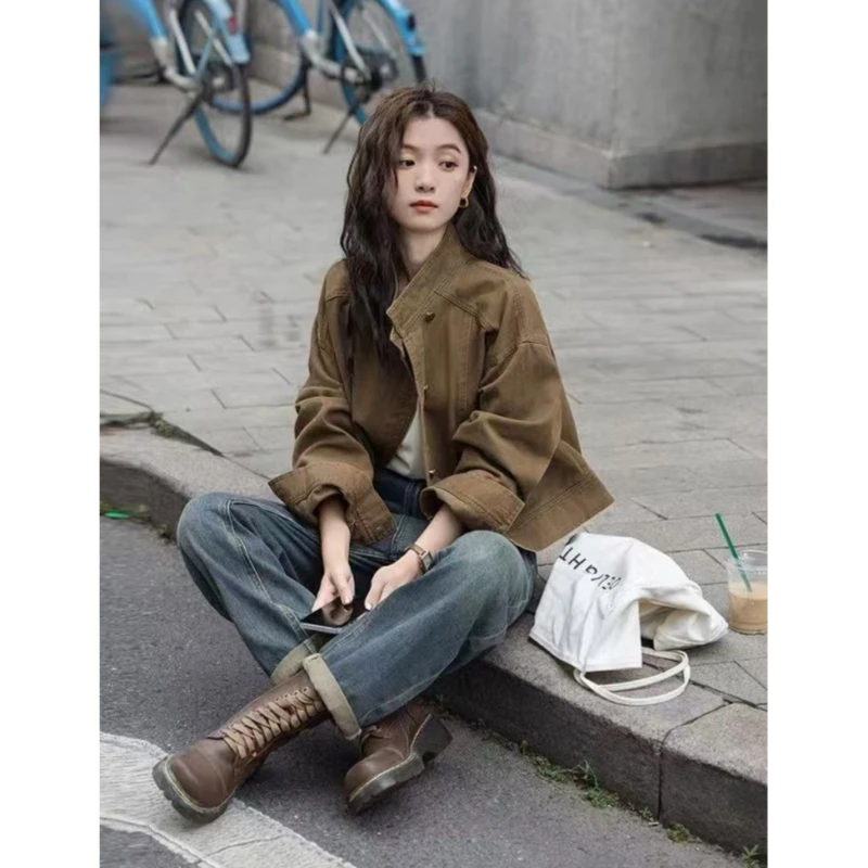 复古咖色牛仔短外套2025秋款小众气质宽松休闲立领夹克上衣2250