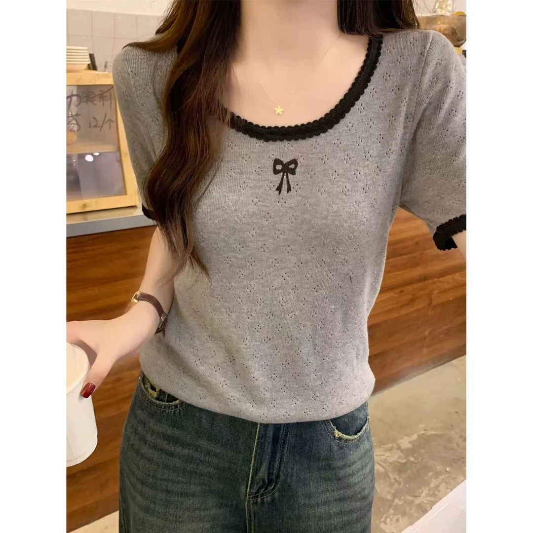 M398大码韩版撞色蝴蝶结正肩短袖女夏季新款设计感小众针织上衣