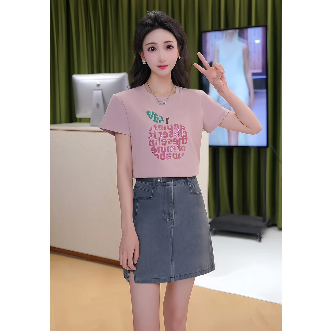 艾格2025春夏显瘦时尚休闲百搭苹果字母刺绣圆领修身女士韩版T恤