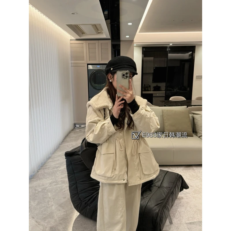 【拉奈海岛】韩版时尚百搭显瘦抽绳收腰羊羔毛派克外套1915