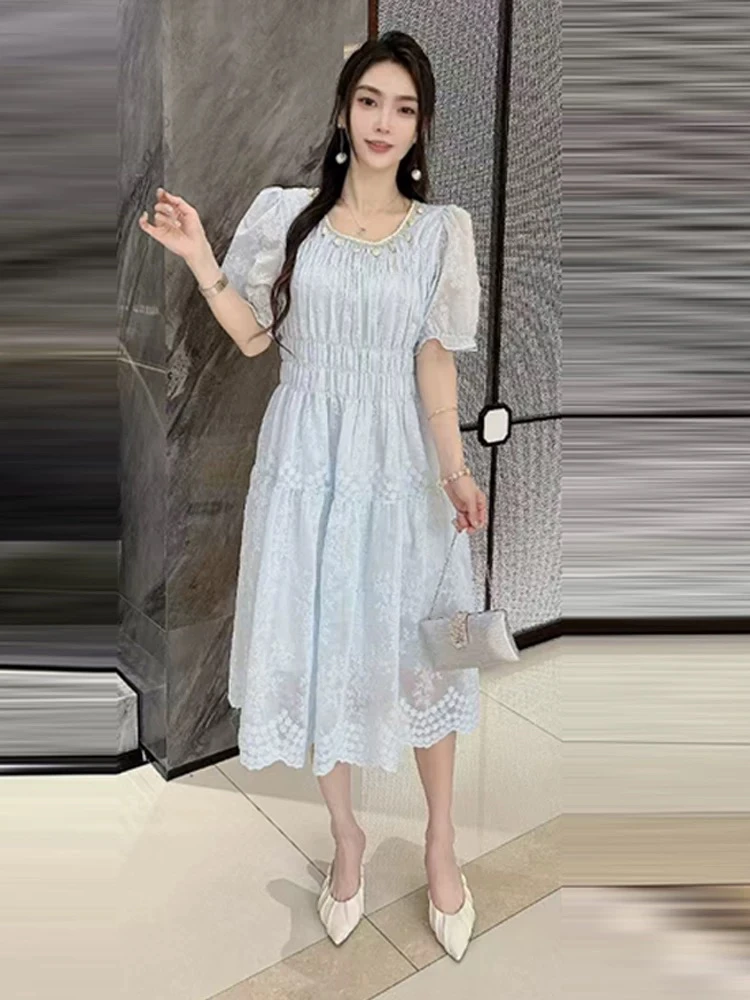 妮妮家191夏季新款重工刺绣法式甜美减龄收腰连衣裙