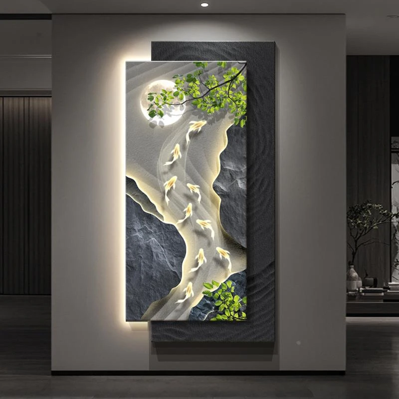 轻奢九鱼图玄关装饰画高级感客厅入户正对门砂岩壁画走廊尽头挂画