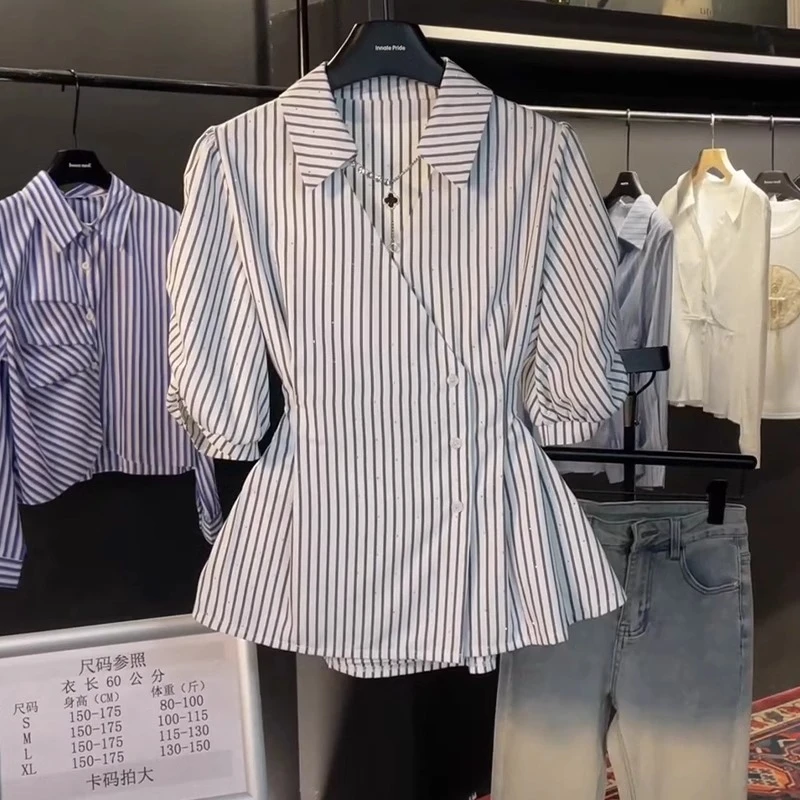 今年流行漂亮小衫轻熟法式小众气质轻奢高级感烫钻短袖掐腰衬衫夏