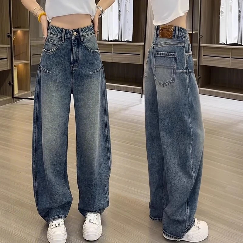 设计感大码弯刀阔腿牛仔裤女夏季2025胖mm高腰显瘦宽松直筒裤子